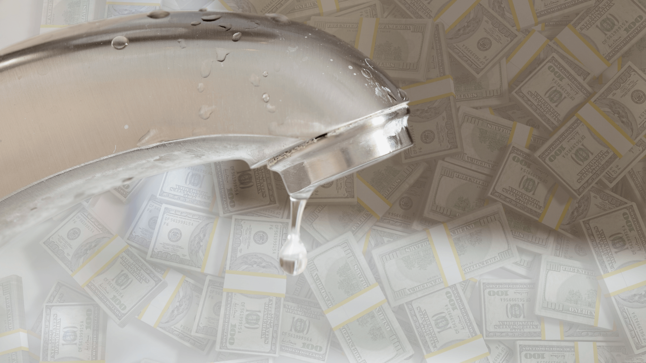 A faucet with a single drop of water dripping, superimposed over a background of stacks of US dollar bills. This image visually represents the concept of profit leaking or money being lost slowly over time.