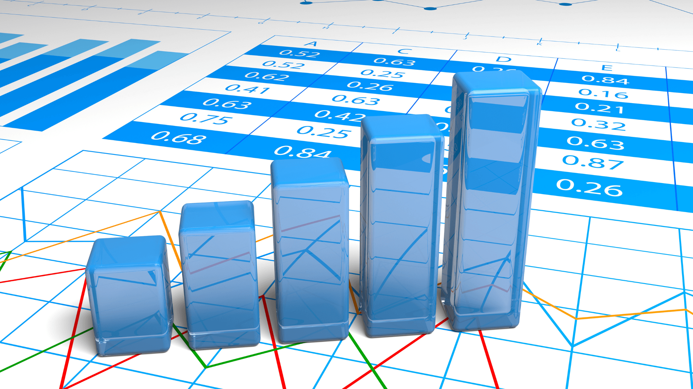 A 3D bar chart shows a positive trend of increasing bars, representing business growth and profitability. The chart is placed on a spreadsheet of financial data, symbolizing financial forecasting and strategic planning.