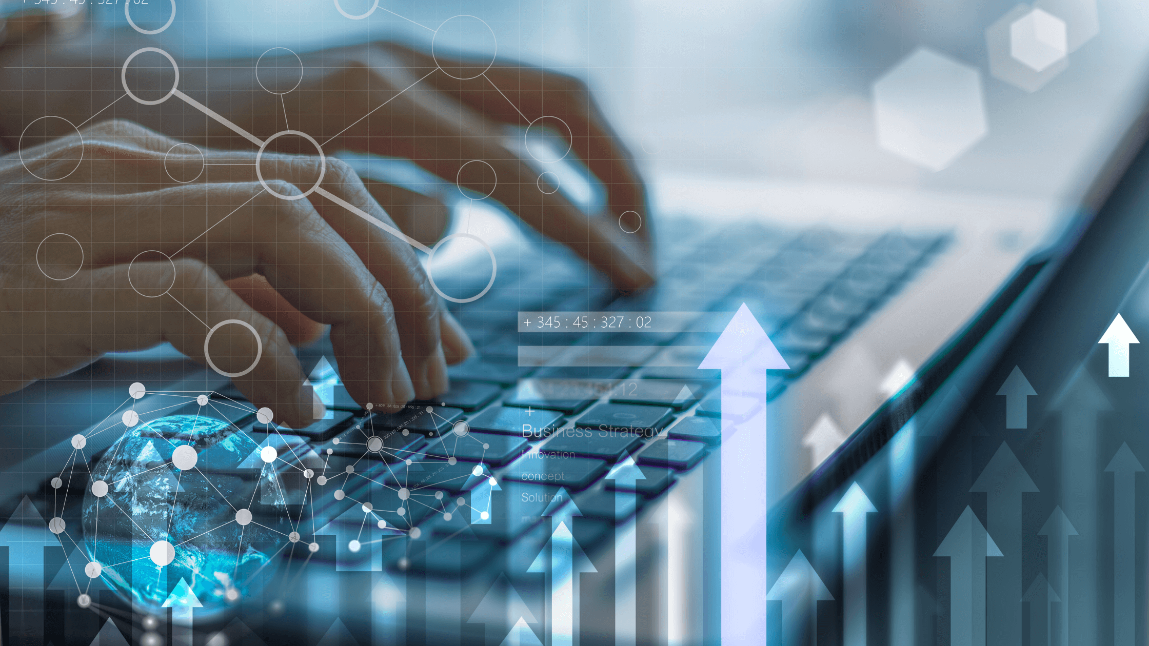 A person's hands are typing on a laptop keyboard. Overlayed on the image are various financial graphics, including a globe with connected lines, a network diagram, and large upward-trending arrows, symbolizing business growth and financial analysis.