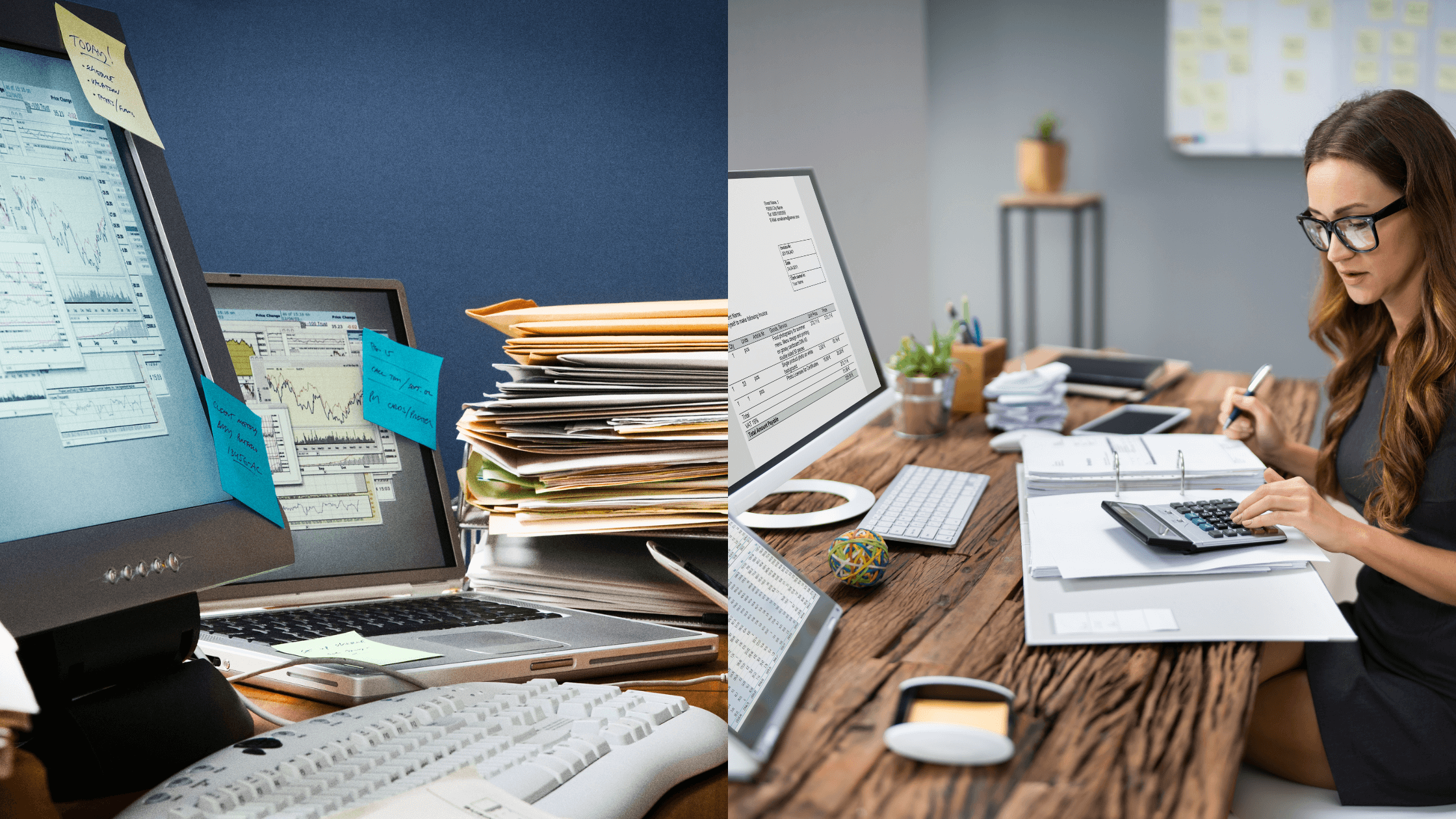 A split image showing a messy, disorganized desk with a monitor covered in sticky notes on the left, and a neat, organized desk with a woman using a calculator and working on financial documents on the right. This illustrates the contrast between financial disorganization and a proactive, strategic approach to business planning.